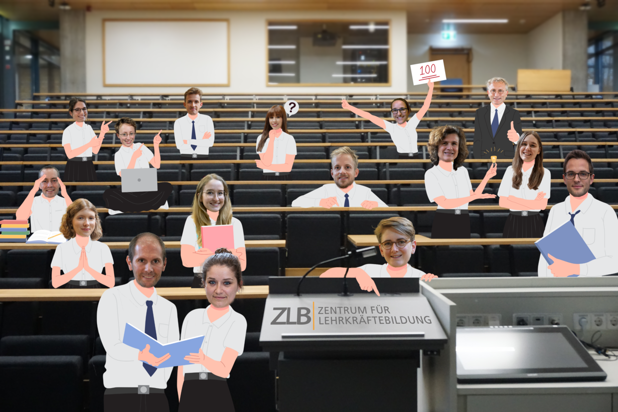 Teamfoto des ZLB, Köpfe der Mitarbeiter*innen im Hörsaal